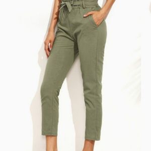 Army green ruffle tie pants